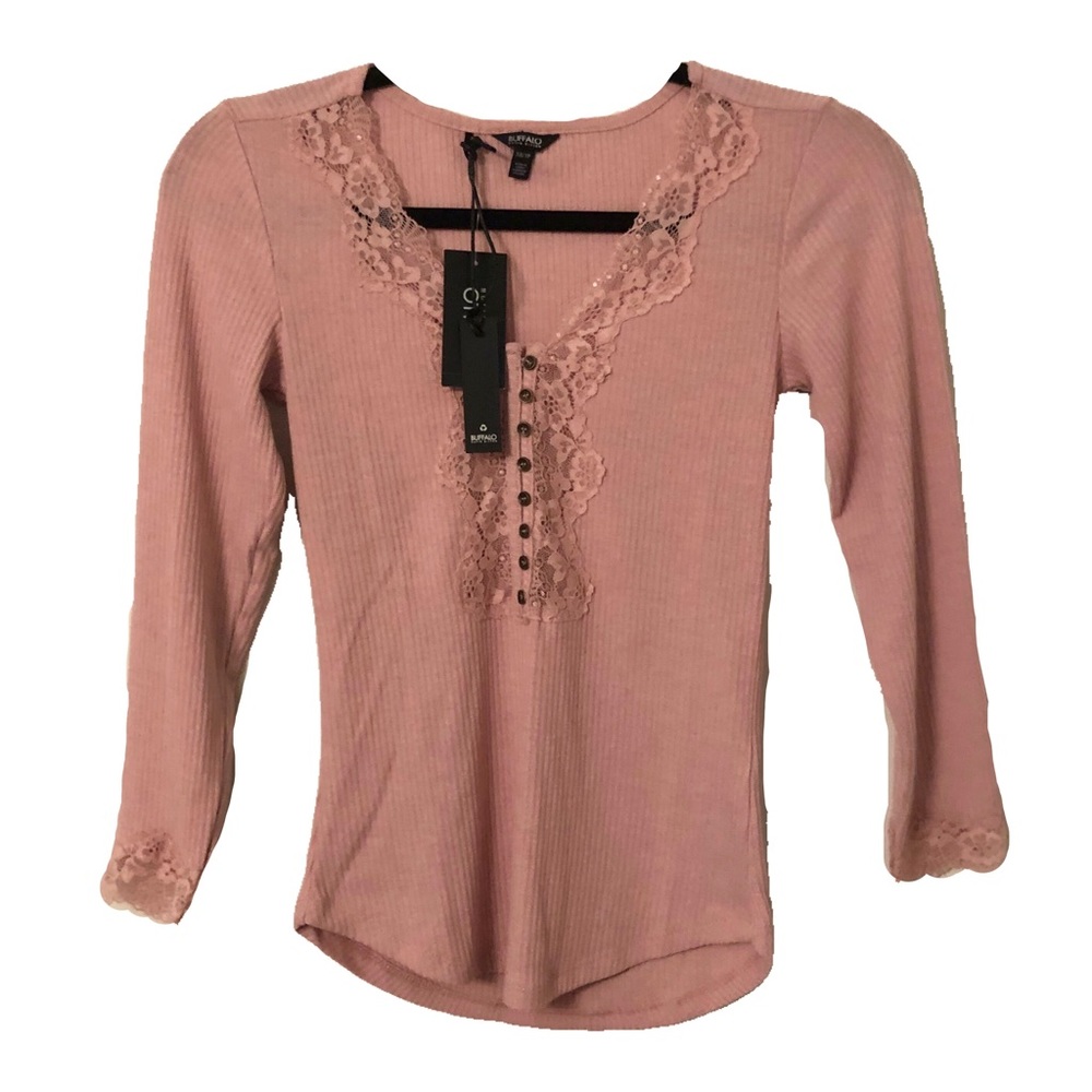 🆕 NWT Buffalo David Bitton Baby Pink Ribbed Lace Long Sleeve Top